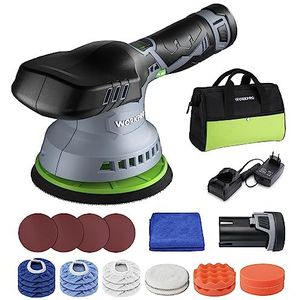WORKPRO Excentrische polijstmachine 12 V, accu polijstmachine 2800-5500RPM, excentrische polijstmachine draadloos 150 mm, met 2 x 2,0 Ah accu & 1 tas & 23 accessoires, auto polijstmachine set
