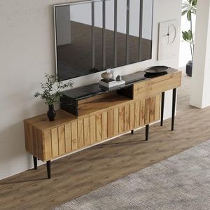 Aunvla Moderne tv-standaard met marmer- en houtnerf-design, pvc-rand, ijzeren poten, donkere houtkleur, woondecoratie, ruimtebesparend, duurzaam en duurzaam