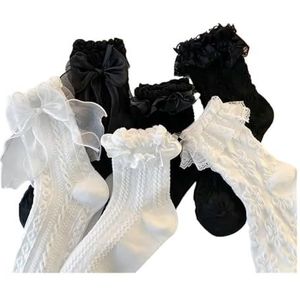 YIJIANUO Zoete Lolita Kant Boog Midden Buis Sokken Meisjes Zwart Wit JK Koreaanse JK Zachte Katoen Ademend Sok Casual Kawaii Vrouwelijke, 5 Wit, Eén maat