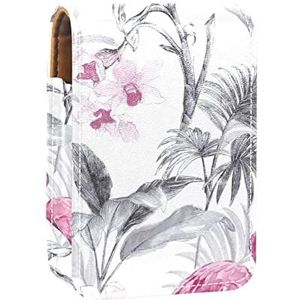 Rio Pink Flamingo Metallic Effect Behang Draagbare Lipstick Case voor reizen, Mini Lipstick Opbergdoos met spiegel voor vrouwen dames, Lederen Cosmetische Pouch, Meerkleurig, 9.5x2x7 cm/3.7x0.8x2.7 in