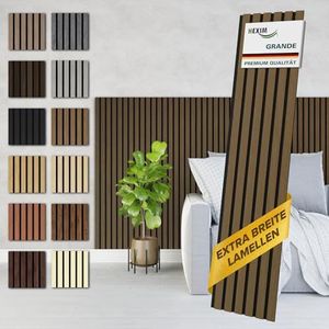 HEXIM Grande Akoestische panelen, 140 x 30 cm, set van 4 (1,681 m²), houten panelen, wandpanelen, 21 mm, geluidsisolatie van MDF, akoestisch vilt, wandbekleding, bruin gerookt eiken