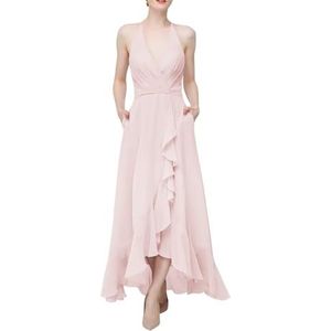 SAMHO Chiffon bruidsmeisje jurk halter hoge lage ruches formele avondjurken met zakken, Blush Roze, 58