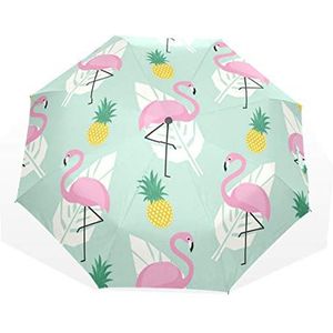 ISAOA Automatische Reisparaplu Compact Opvouwbare Paraplu Roze Flamingos Ananassen en Palm Bladeren Winddicht Ultra Licht UV Bescherming Paraplu voor Vrouwen Mannen