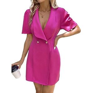 jurken voor dames Effen jurk met dubbele knopen - Felroze, Casual, Effen kleur, Korte mouwen, normale pasvorm, niet-stretch, 100% polyester (Color : Hot Pink, Size : Small)