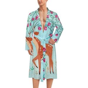 Aquarel hert met bloemenhoorns herenmantel zachte badjas pyjama nachtkleding loungewear ochtendjas met riem 2XL