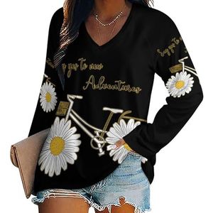 Daisy Bicycle Damesshirt met V-hals en lange mouwen, casual, losse pasvorm