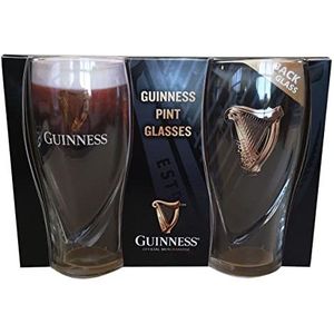 Guinness, glas, set van twee bedrukte zwaartekracht, 20 ounce bierglazen met logo en harpdesign
