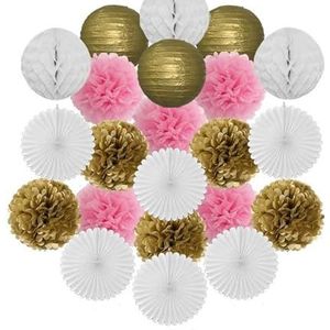 Set papieren lantaarns, Goud Zwart Wit Set Ronde Papieren Bal Lantaarn Tissue Fans 8"" 10"" 12"" for Kerstmis Bruiloft Doop Verjaardag Vakantie Feestdecoratie(Gold Dark Pink,12inch)