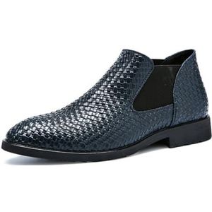 Heren leren geweven Chelsea-laarzen Slip-on Dealer enkellaarzen Schoenen leren Oxford woestijnlaarzen,Blauw,40 EU