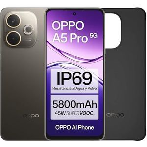 OPPO A5 Pro 5G Smartphone met IA, 8 GB RAM + 256 GB, display 16,9 cm (6,67 inch), 120 Hz, camera 50 MP, batterij 5800, snel opladen 45 W, Spaanse versie, hoes inbegrepen, bruin