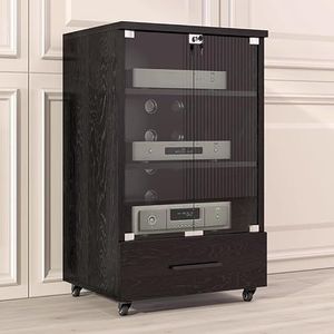 PP-Vic Stereokast Van Massief Hout Met Glazen Deur Mediastandaard Audiorek Met Wielen Opbergkast Voor Stereocomponenten AV-Kast Met Projector DVD-Speler Gameconsole Kabelbox,97cm black