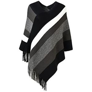 Ferand Casual gestreepte poncho-trui voor dames, veelzijdige sjaal met franjes, omslagdoek voor herfst en winter, Zwart & Grijs, one size
