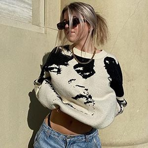Dames Y2K Face Print Oversized Sweater Lange mouw Crewneck Gothic Grunge Pullovers Jumpers Tops