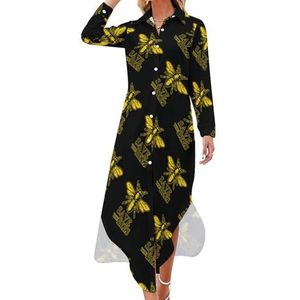 Save The Bees Maxi-jurk voor dames, lange mouwen, knoopsluiting, casual party, lange jurk, M