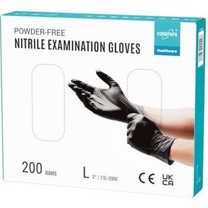 EUROPAPA® Wegwerphandschoenen, nitrilhandschoenen, poedervrij, onderzoekshandschoenen, EN455 EN374, latexvrij, wegwerphandschoenen, verkrijgbaar in maat S, M, L en XL, 200 stuks (L, Zwart)