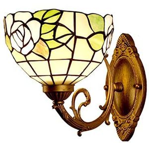Tiffany Wandlamp, 8 Inches, Landelijke Victoriaanse Stijl, Roze, Groene Bladeren, Glas-In-Lood, Landelijke Stijl Wandlamp, Slaapkamer, Woonkamer Handgemaakte Lamp