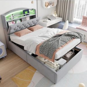 Doyisy Gestoffeerd kinderbed, 90 x 200 cm, fluweel, eenpersoonsbed, multifunctioneel bed met opbergruimte met LED en USB, grijs