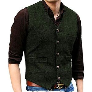 Heren V-hals Wol Visgraat Tweed Casual Pak Vest Retro gilet voor smokings(Large, Leger Groen)