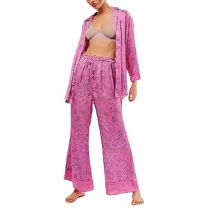 Dames Zomer Klassieke Knoopjes Lange Satijnen Zijden Pyjama Set(Rose red,X-Large)