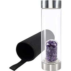 Soulnioi Healing Crystal Energy Amethist Crystal Crushed Stone Columns Beschermhoes Verwijderbare Draagbare Glazen Cup voor Energie Reiki Mooi en Creatief Gift-Paars/550ML