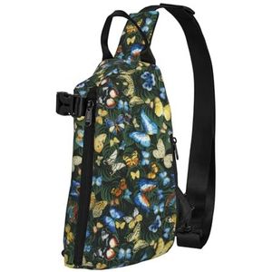 OdDdot Papier Vliegtuig Print Crossbody Sling Bag Voor Vrouwen Mannen, Borst Tas Dagrugzak Voor Reizen Sport, Groene Blad Kleurrijke Vlinder, Eén maat