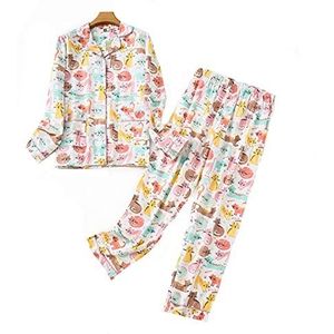 Pyjama voor dames, lang, katoen, winter, pyjama, vrijetijdspak, set met knoopsluiting, sleepwear, tweedelige flanellen nachtkleding, Meerkleurig, XL