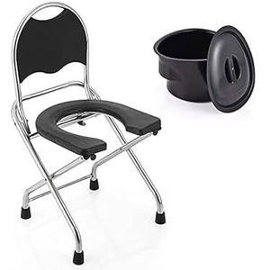 Lichtgewicht Commode Toiletstoel, Bed Commode met Afneembare Emmer en Anti Slip Voetenhulp, Opvouwbare WC Stoel voor Ouderen, Draagbaar Commodes Zitframe(Black)