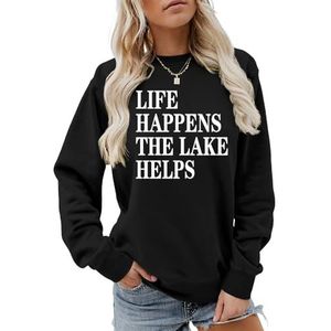 MLZHAN Life Happens The Lake helpt afdrukken vrouwen sweatshirt lange mouw mode sweatshirts ademende losse pasvorm truien, Zwart, XXL