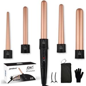 janelove Krultangset, 5-in-1, 10-32 mm, keramische krultang met verschillende opzetstukken voor grote en kleine krullen, 2 instelbare temperaturen, met handschoenen en nylon tas, roségoud