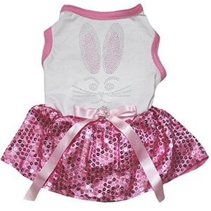Petitebelle Hond Jurk Bling Bunny Gezicht Wit Katoen Shirt Roze Pailletten Tutu, Medium, roze