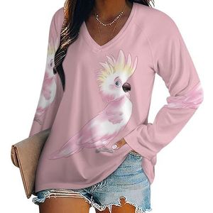 Roze kaketoe papegaai dames casual T-shirts met lange mouwen V-hals gedrukte grafische blouses Tee Tops L