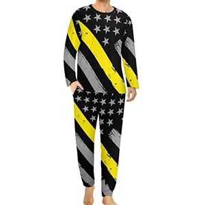 911 Dispatcher Dunne Gouden Lijn Vlag Comfortabele Heren Pyjama Set Ronde Hals Lange Mouw Loungewear met Zakken 3XL