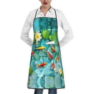 ZhaoYuGoods Lichtzwart marmeren schorten met zakken voor vrouwen, stijlvolle kookschorten voor keuken tuinieren salon, ideale print schort, Japanse Mooie Rode Karper Vis, Eén maat