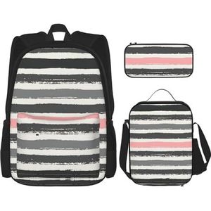 SUHNGE Pomeranians Patroon Print 3 stks Rugzak Schooltas met Lunch Tas Set Potlood Case voor Meisjes Middelbare School, Roze lichte en donkergrijze strepen, Eén maat