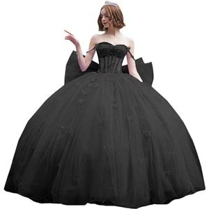 Fuomomo Quinceanera-jurk met dunne bandjes en vlinderglitter, Quinceanera-jurk met vlinders en grote strik, baljurk van kant met parels MT053, Zwart, 36