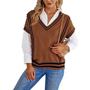 Gebreide Gilets, College Stijl Zwarte Strepen Bruin Womens Gebreide Trui Vest Top Gebreid Vest Casual Womens Mouwloos Gebreide Trui Vrouwen Gebreide Vest Sport Vest,Xl