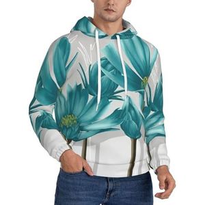 JEJEA Groenblauw grijs en wit bloemenprint heren sweatshirt capuchon trekkoord hoodies trui lange mouwen trui voor dagelijks gebruik, Zwart, S