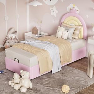 Aunvla Gestoffeerd bed, 90 x 200, hydraulisch bed, met lattenbodem en hoofdeinde, jeugdbed, houten lattenondersteuning, eenvoudige montage, in hoogte verstelbaar hoofdeinde, PU, roze