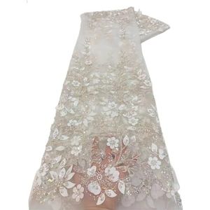 Een bruidsjurk, Pailletten kant stof borduurwerk kralen tule kant materiaal for bruiloft materiaal trouwjurk doek(White)