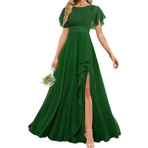 AHERKLL Bruidsmeisjesjurken met korte mouwen voor bruiloft ruches chiffon formele avondfeest maxi-jurk met split HAH053, Emerald Groen, 32
