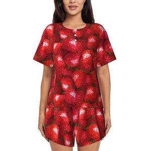 Rode aardbeienprint dames zomer zachte tweedelige bijpassende outfits korte mouw pyjama lounge pyjama sets, Zwart, 4XL