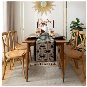 Macrame Tafelloper, crèmebeige en rood, Boho tafelloper met kwastjes