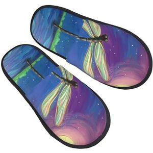 BONDIJ Libelle Maan Print Slippers Zachte Pluche Huis Slippers Warme Slip-on Slides Gezellige Indoor Outdoor Slippers voor Vrouwen, Zwart, one size