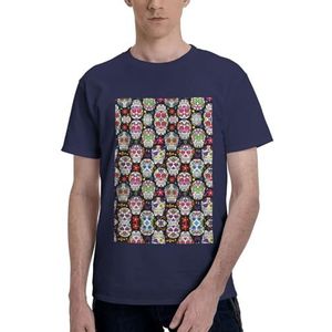 CKGODGF Kleurrijke bloemenschedels print heren katoenen T-shirt, casual en comfortabel korte mouw, geschikt voor fitness en dagelijks gebruik, Donkerblauw, S