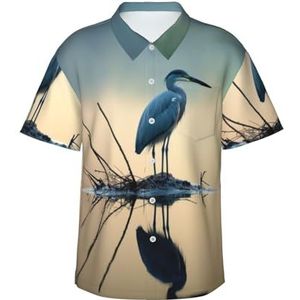 ERSDWRE Loon Nature Bird Print Heren Korte Mouw Button-Down Shirts Casual Zomer Strand Shirts Hawaii Shirt voor Mannen, Zwart, S