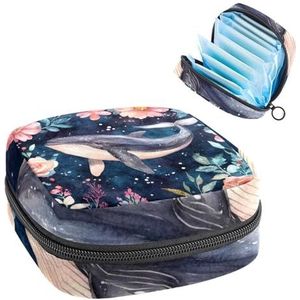 Aquarel Onderwater Walvis en Bloemen Maandverband Opbergtas, Grote Menstruatie Cup Pouch met Rits, Menstruatie Pads Bag Store Panty Liners Tampons voor Meisjes Vrouwen