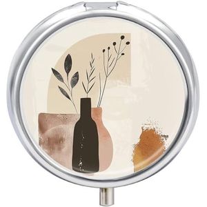 Beige en bruine pillenorganizer 3 compartimenten reizen pillendoos met spiegel dagelijkse geneeskunde pillendoosje metalen pillendoos voor portemonnee en zak draagbare kleine medicijndoos ronde