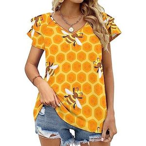 Yellow Bees Casual Tuniek Tops Ruches Korte Mouw T-shirts V-hals Blouse Tee
