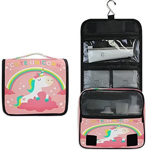 Eenhoorn Roze Opknoping Opvouwbare Toilettas Cosmetische Make-up Tas Reizen Kit Organizer Opbergtassen Case voor Vrouwen Meisjes Badkamer