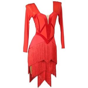 B,L,PONNYC Dames Latin Dansjurken Met Franjes Mesh Splice Cha Cha Dansvoorstelling Kostuums Lange Mouwen Ballroom Danskleding Rugloze Tango Danskleding